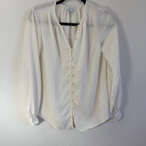 Nine‎ West Cream Blouse with Mandarin Collar and Ruched Sleeves